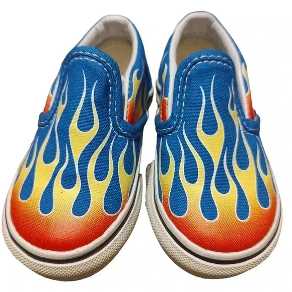 Vans Shoes Kids 4.5 Classic Slip On Blue Flame Fire Canvas Low Top Sneaker - Picture 3 of 5